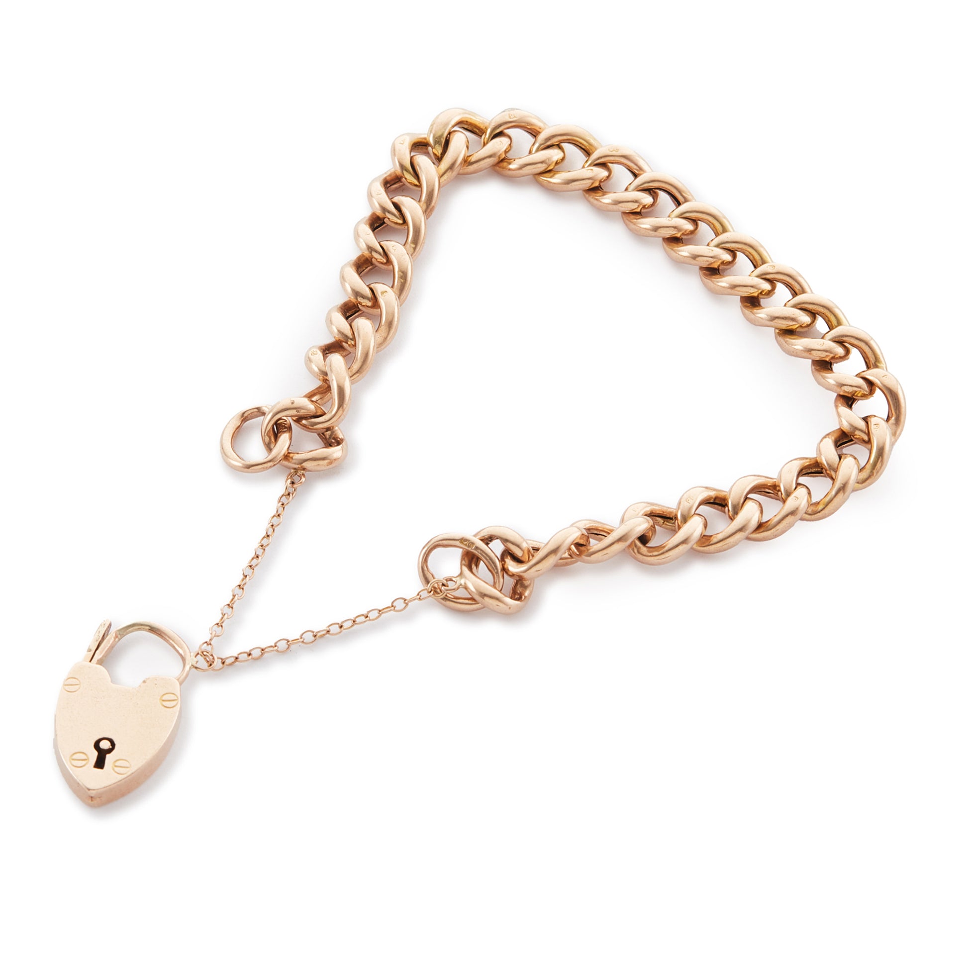 Classic Victorian 9ct rose gold curb link bracelet with a padlock and safety chain.