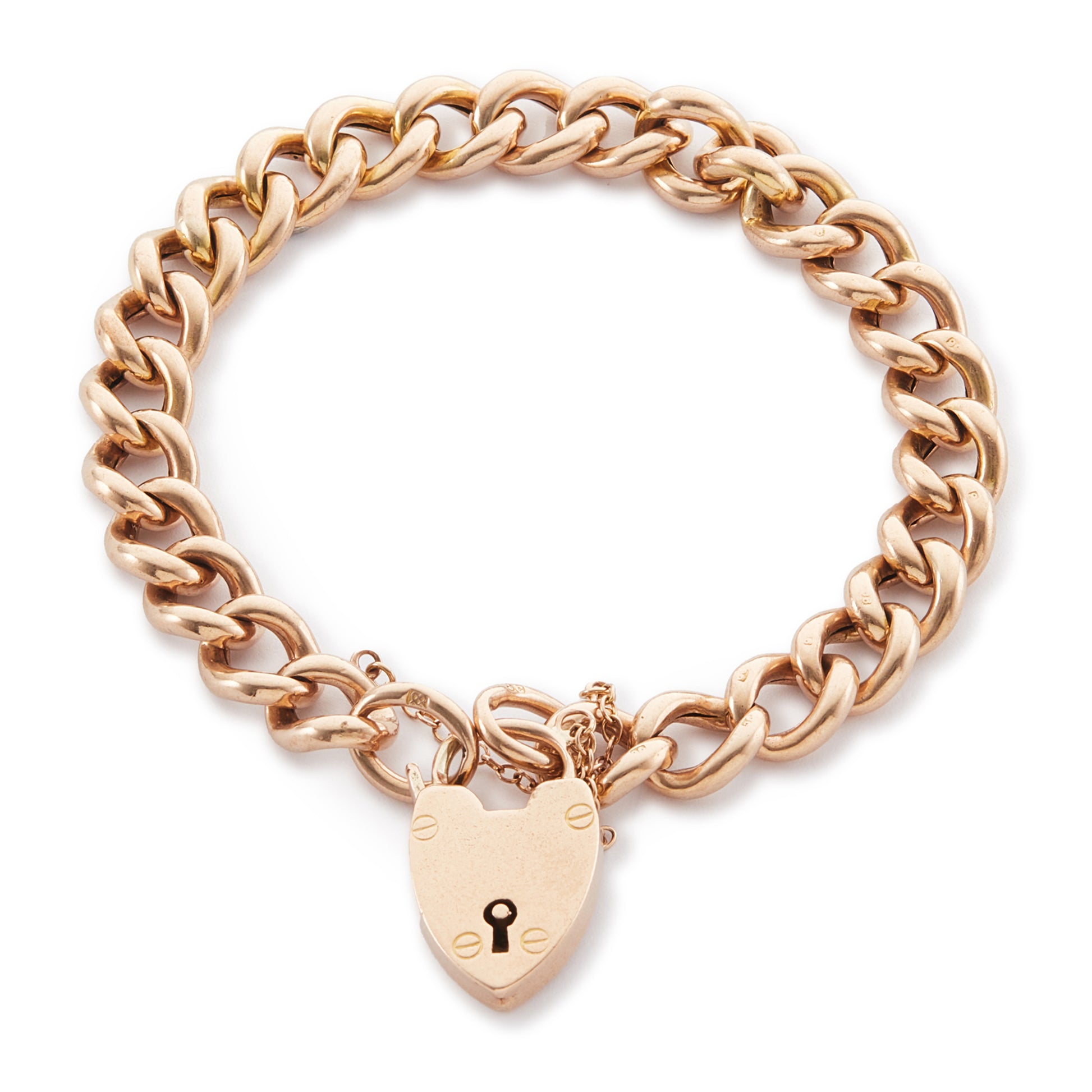 Classic Victorian 9ct rose gold curb link bracelet with a padlock and safety chain.