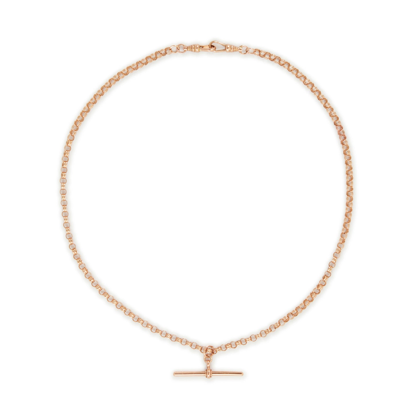 Stylish vintage 9ct gold rose gold double belcher link fob chain with two dog clips and a T-bar.