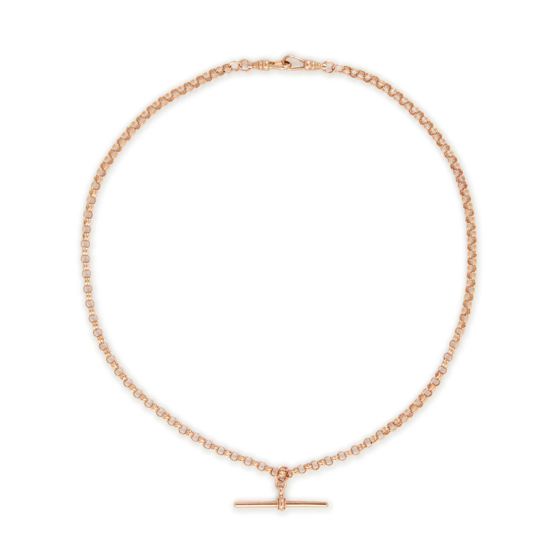 Stylish vintage 9ct gold rose gold double belcher link fob chain with two dog clips and a T-bar.