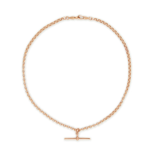 Stylish vintage 9ct gold rose gold double belcher link fob chain with two dog clips and a T-bar.