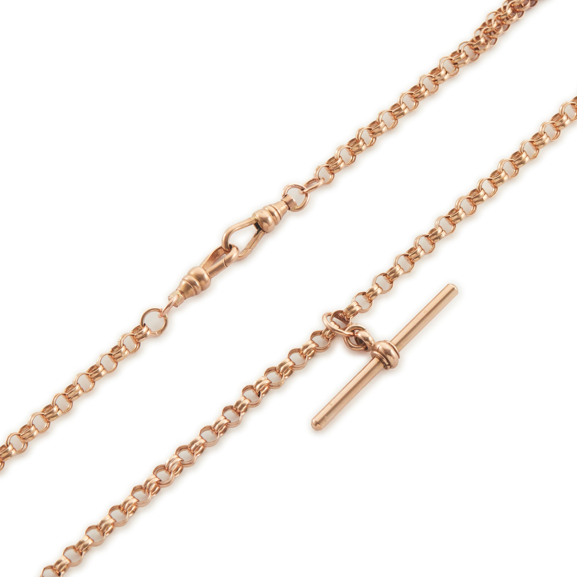 Stylish vintage 9ct gold rose gold double belcher link fob chain with two dog clips and a T-bar.