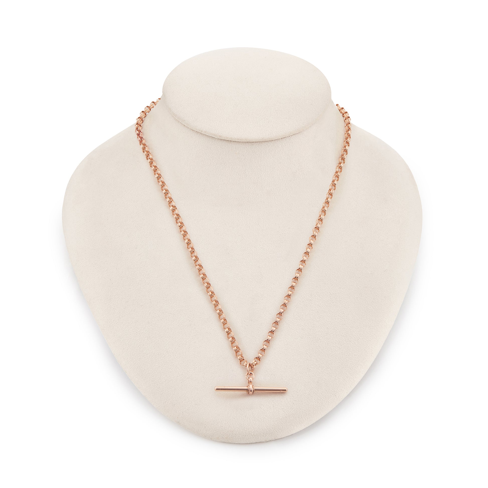 Stylish vintage 9ct gold rose gold double belcher link fob chain with two dog clips and a T-bar.