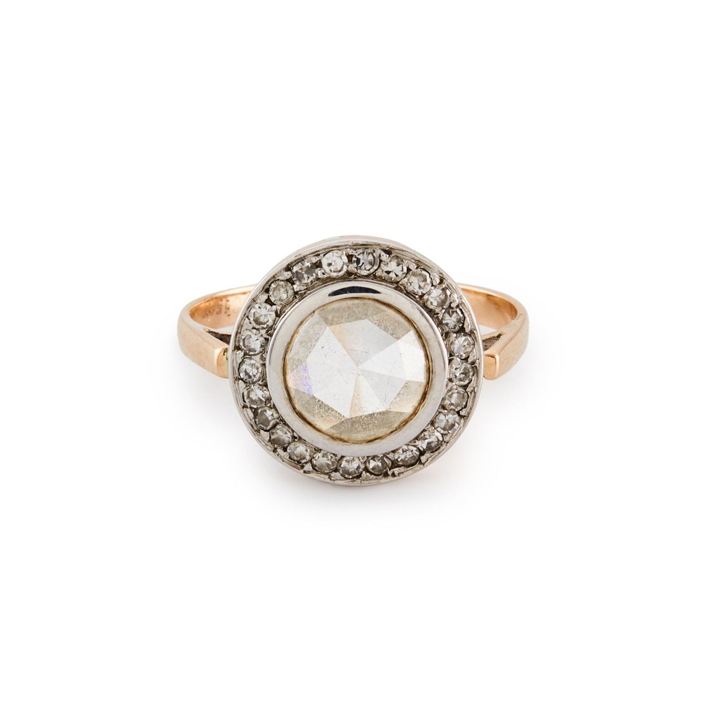Magnificent 9ct rose gold ring with a 1.3ct rose-cut diamond in a platinum halo setting comprising 24 x 0.02ct diamonds.