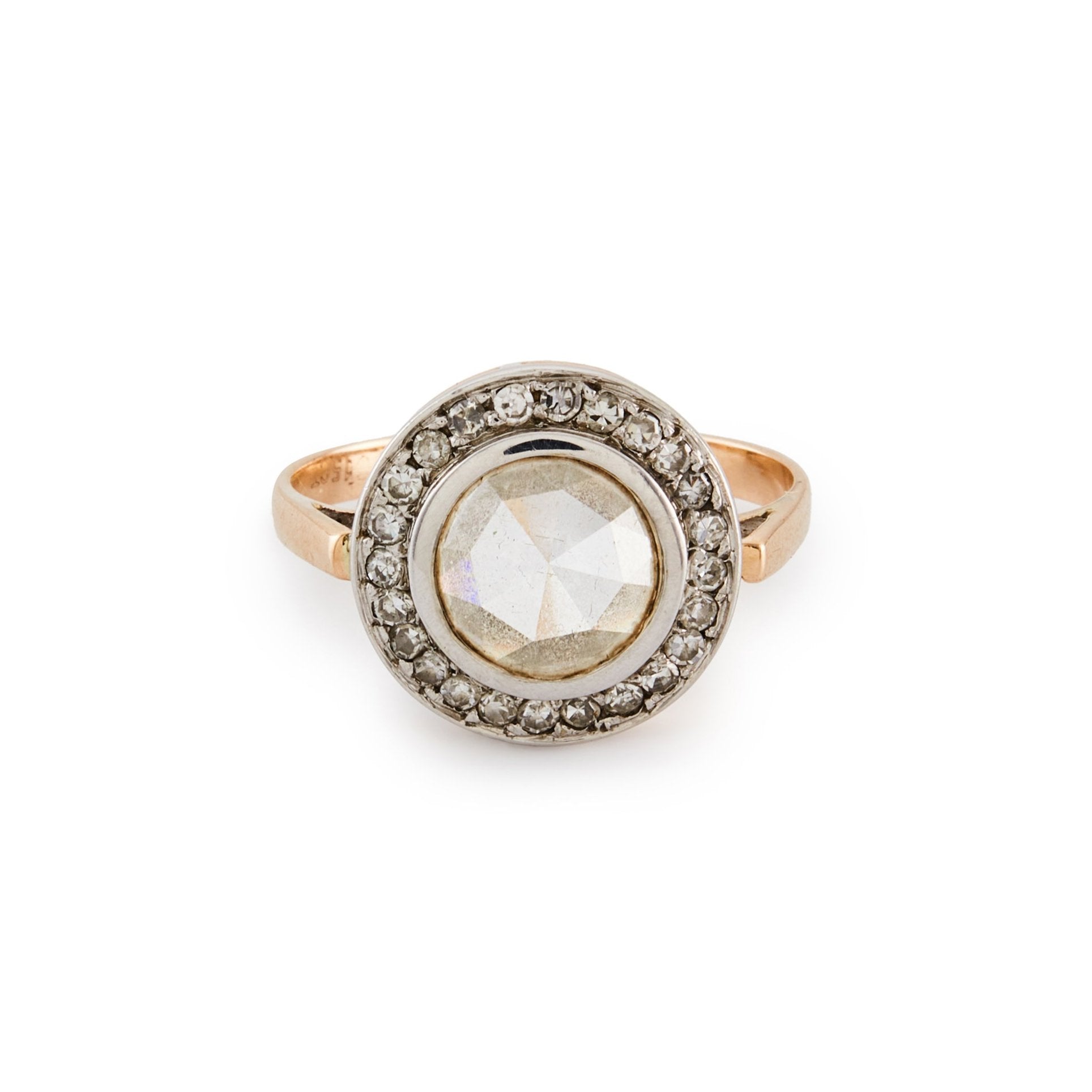 Magnificent 9ct rose gold ring with a 1.3ct rose-cut diamond in a platinum halo setting comprising 24 x 0.02ct diamonds.