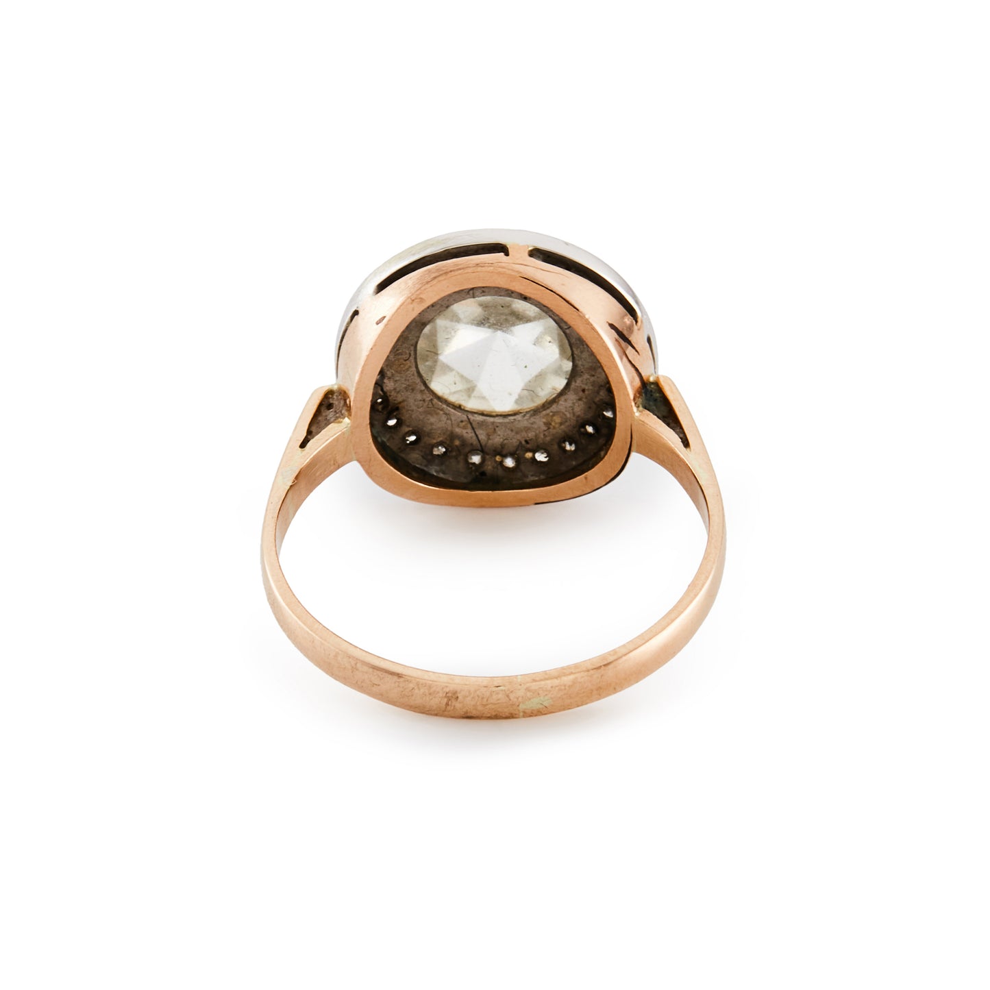 Magnificent 9ct rose gold ring with a 1.3ct rose-cut diamond in an 18ct white gold halo setting comprising 24 x 0.02ct diamonds.