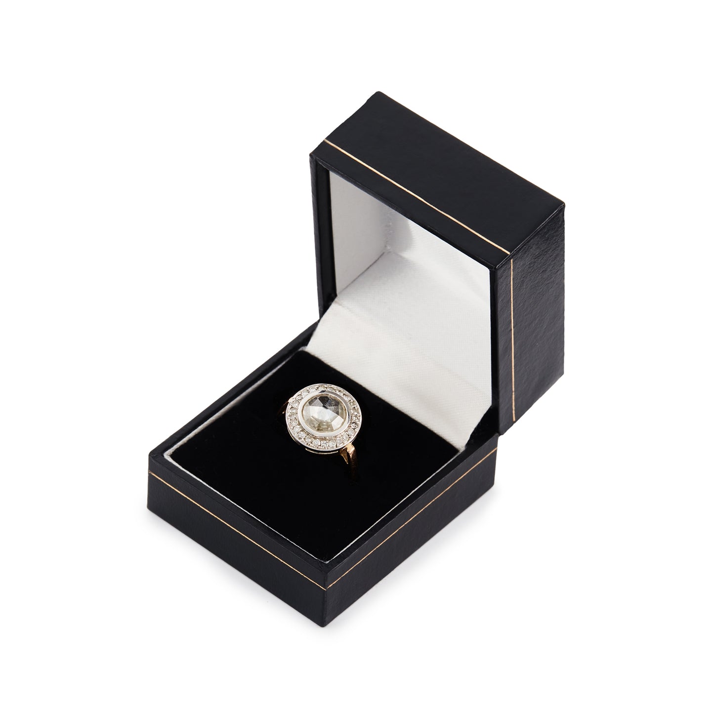 Magnificent 9ct rose gold ring with a 1.3ct rose-cut diamond in an 18ct white gold halo setting comprising 24 x 0.02ct diamonds.

