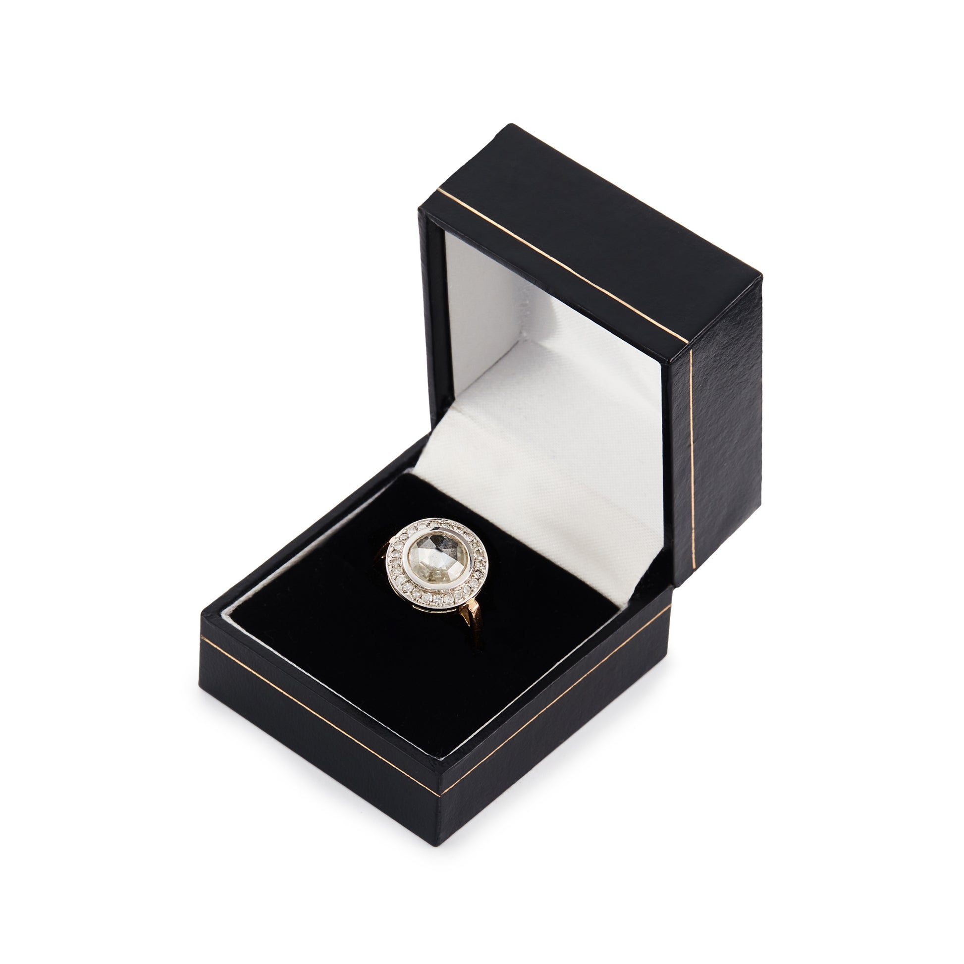 Magnificent 9ct rose gold ring with a 1.3ct rose-cut diamond in an 18ct white gold halo setting comprising 24 x 0.02ct diamonds.
