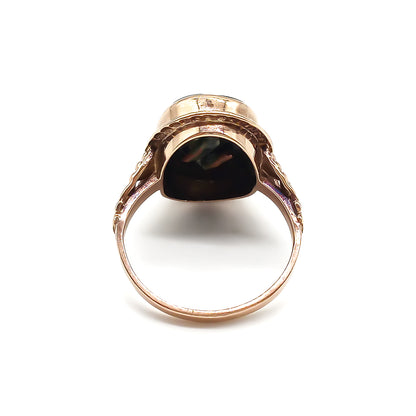 Classic 9ct rose gold and onyx signet ring with a fancy script letter “L”, containing a small diamond.