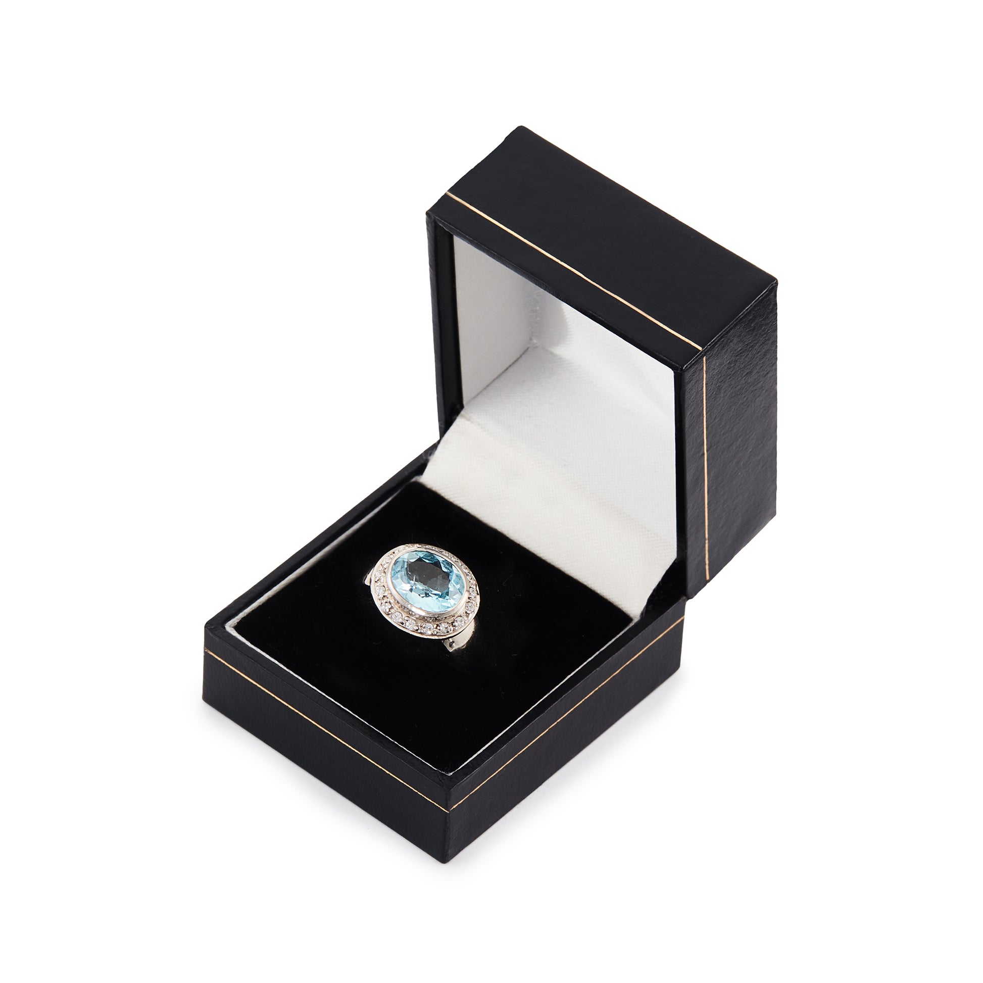 Stunning 9ct white gold ring set with a beautifully faceted blue topaz, surrounded by sixteen small round diamonds.