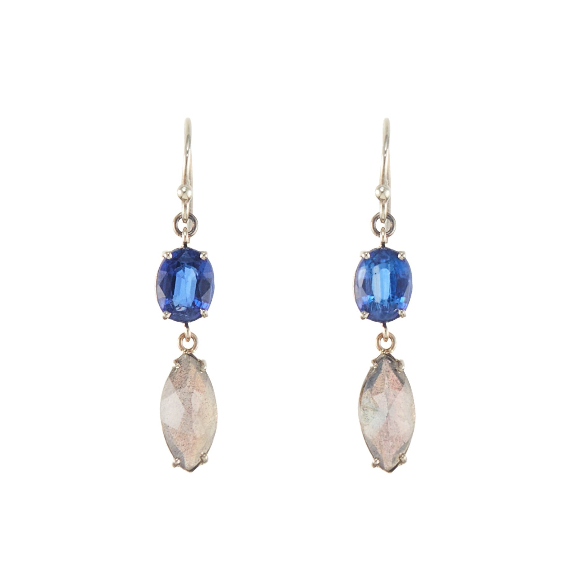 Lovely 9ct white gold earrings, each set with a beautifully faceted kyanite and labradorite gemstone.