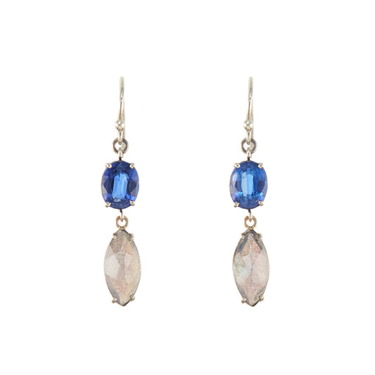Lovely 9ct white gold earrings, each set with a beautifully faceted kyanite and labradorite gemstone.