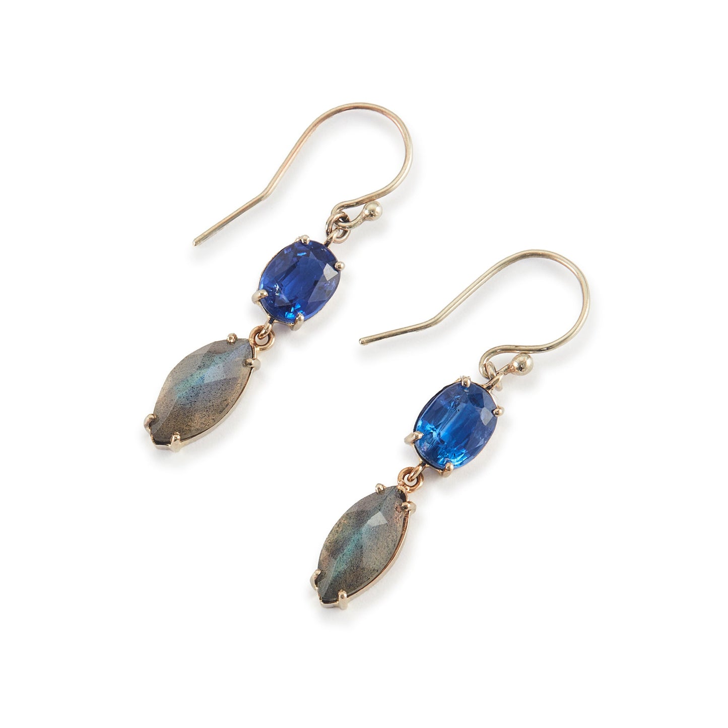 Lovely 9ct white gold earrings, each set with a beautifully faceted kyanite and labradorite gemstone.