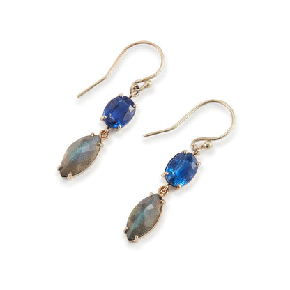 Lovely 9ct white gold earrings, each set with a beautifully faceted kyanite and labradorite gemstone.