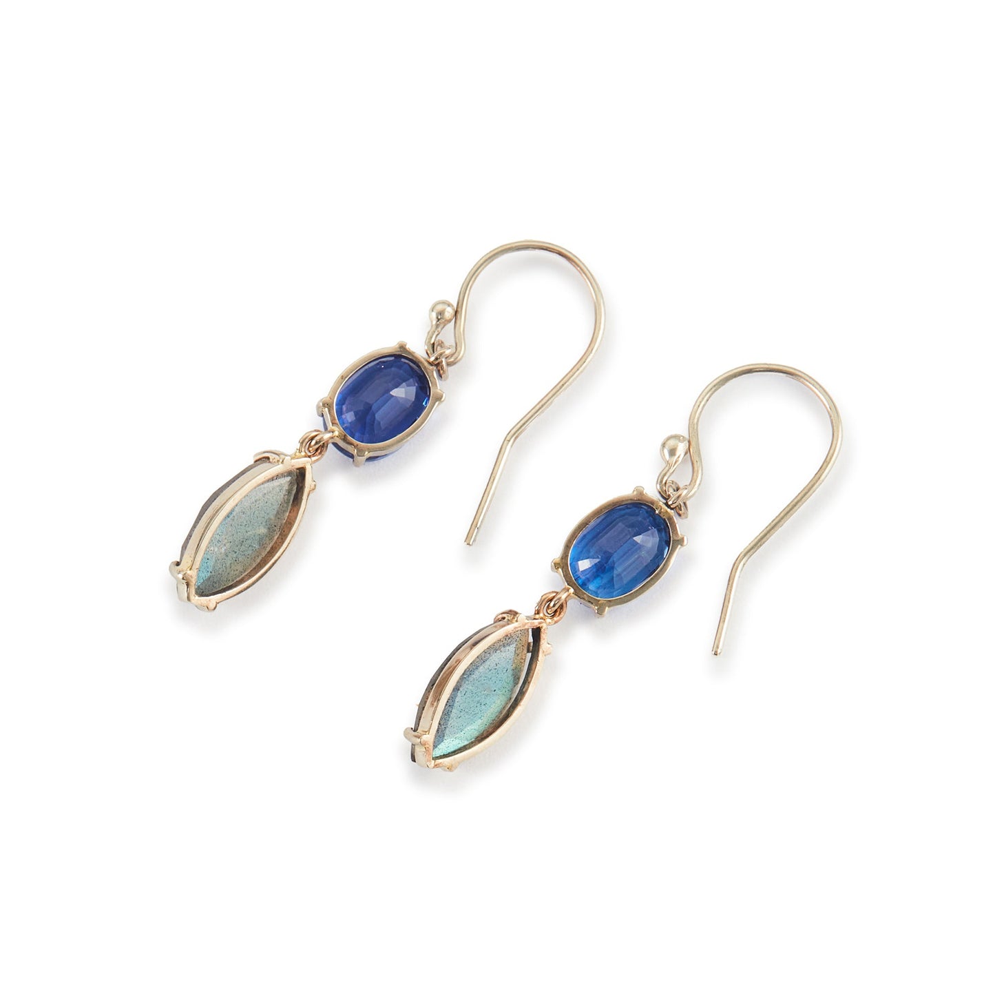 Lovely 9ct white gold earrings, each set with a beautifully faceted kyanite and labradorite gemstone.