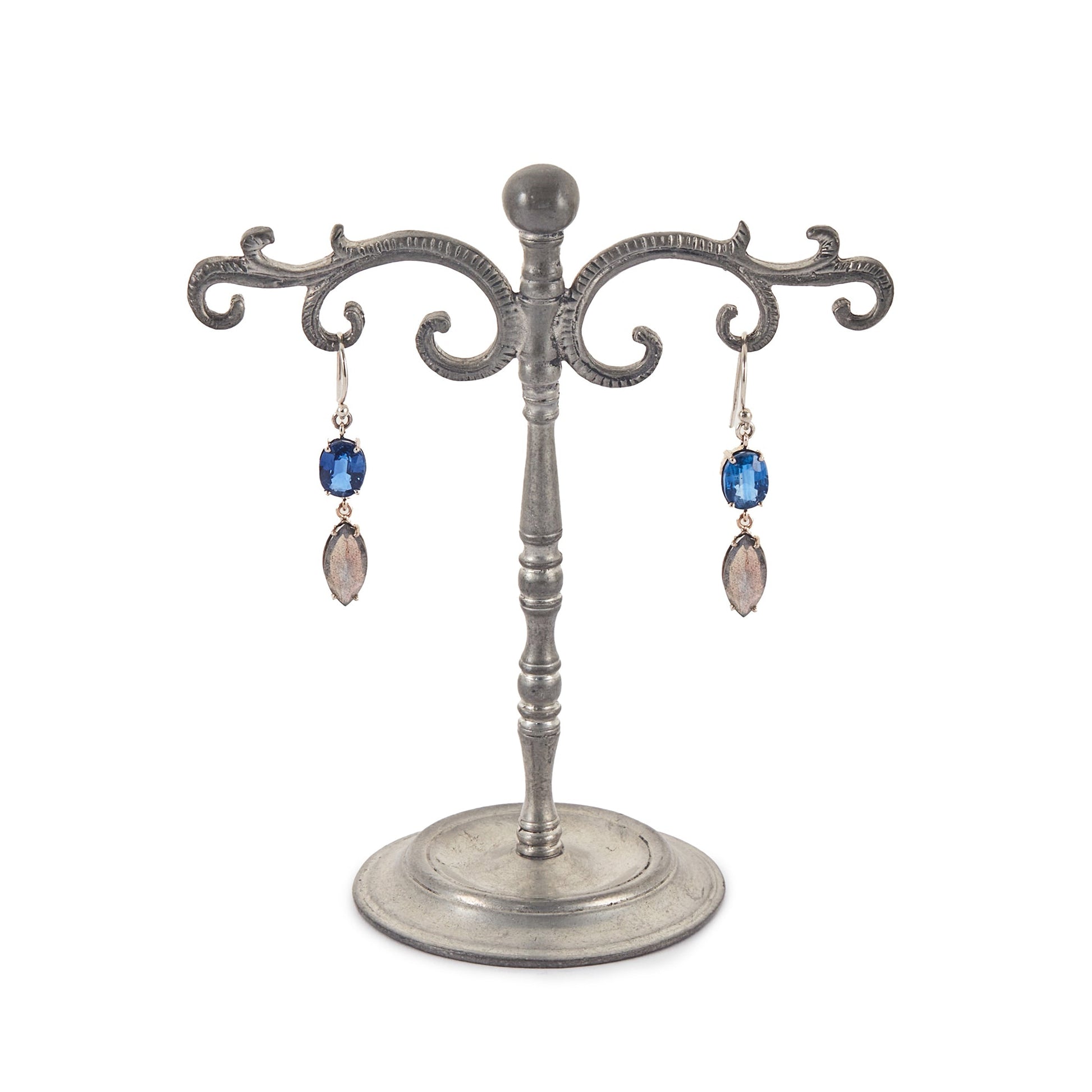 Lovely 9ct white gold earrings, each set with a beautifully faceted kyanite and labradorite gemstone.