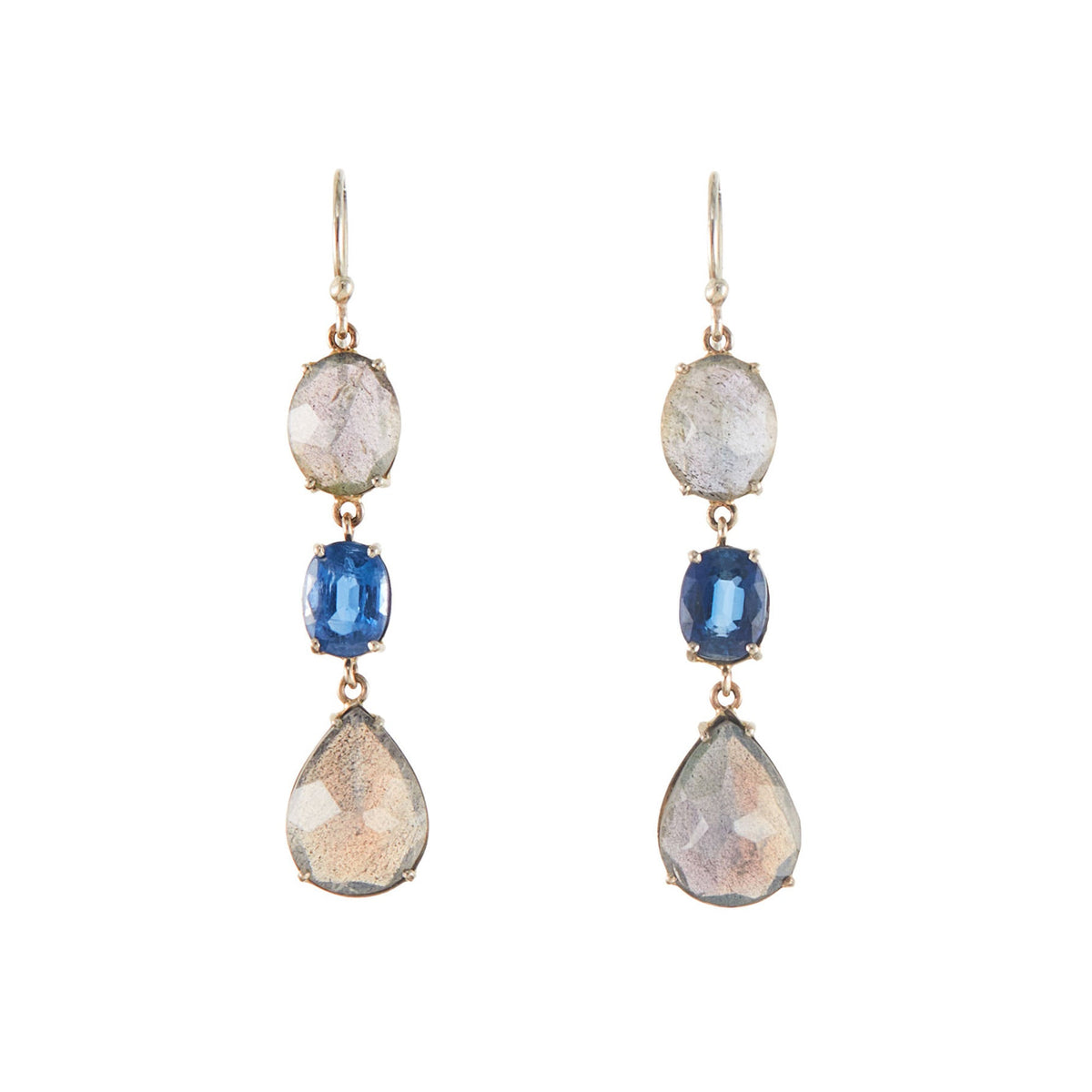 Lovely 9ct white gold earrings, each set with a beautifully faceted kyanite and two labradorite gemstones.