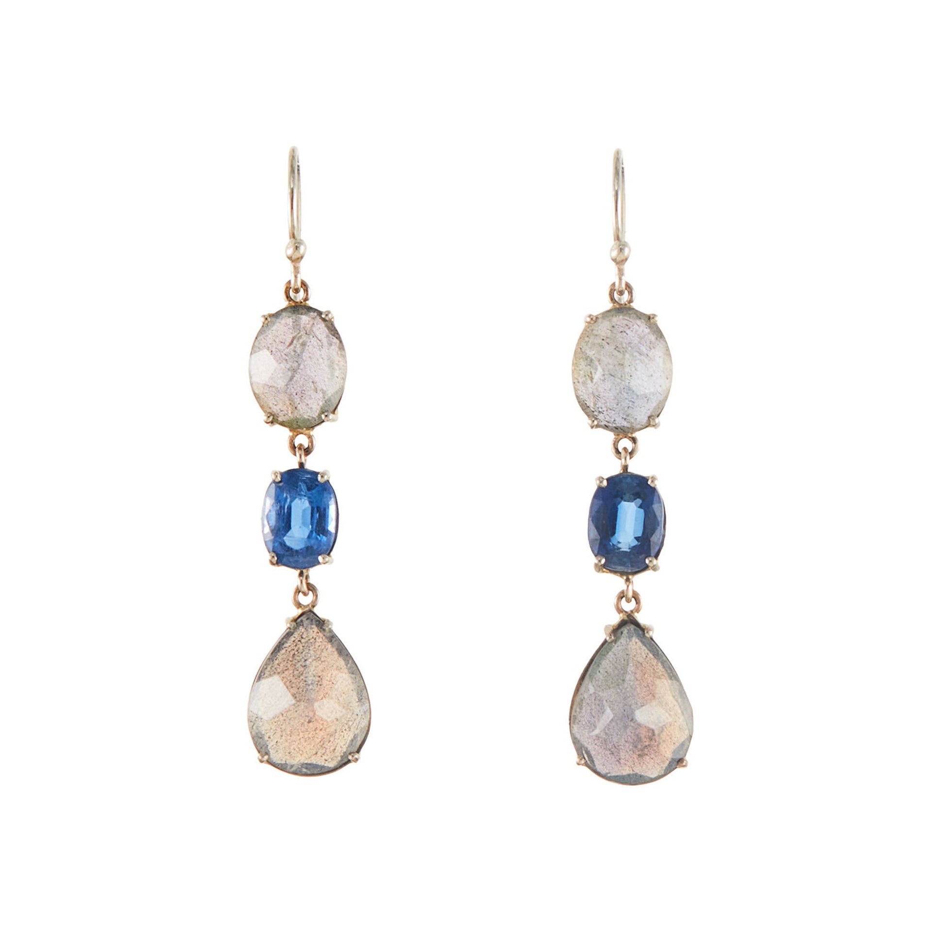 Lovely 9ct white gold earrings, each set with a beautifully faceted kyanite and two labradorite gemstones.
