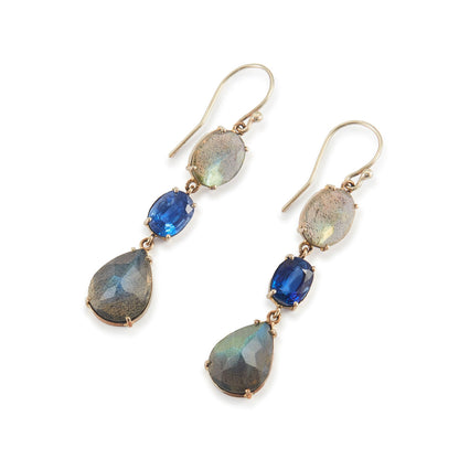 Lovely 9ct white gold earrings, each set with a beautifully faceted kyanite and two labradorite gemstones.