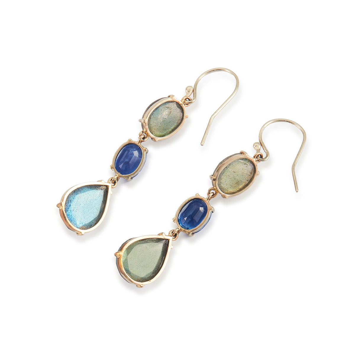 Lovely 9ct white gold earrings, each set with a beautifully faceted kyanite and two labradorite gemstones.