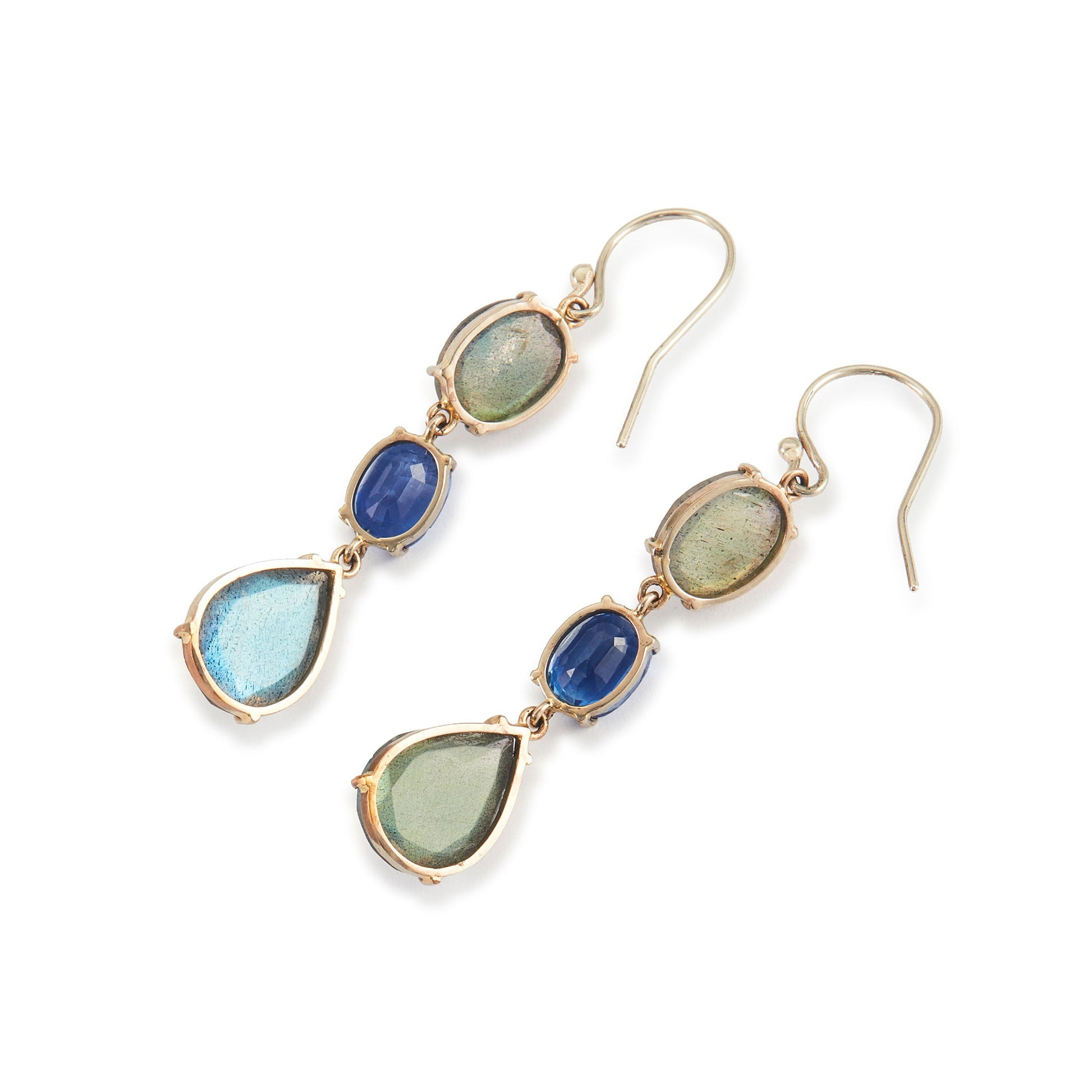 Lovely 9ct white gold earrings, each set with a beautifully faceted kyanite and two labradorite gemstones.
