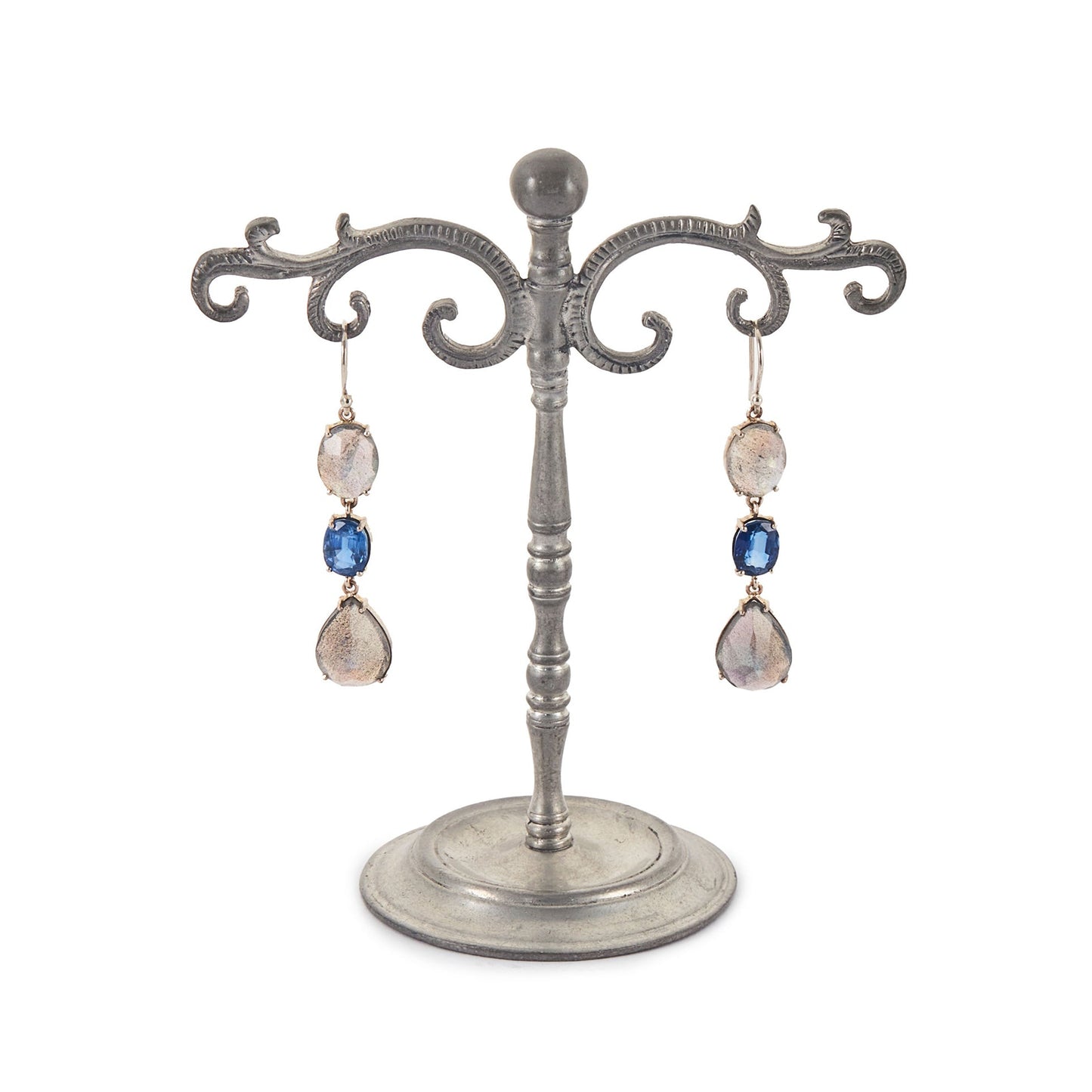Lovely 9ct white gold earrings, each set with a beautifully faceted kyanite and two labradorite gemstones.