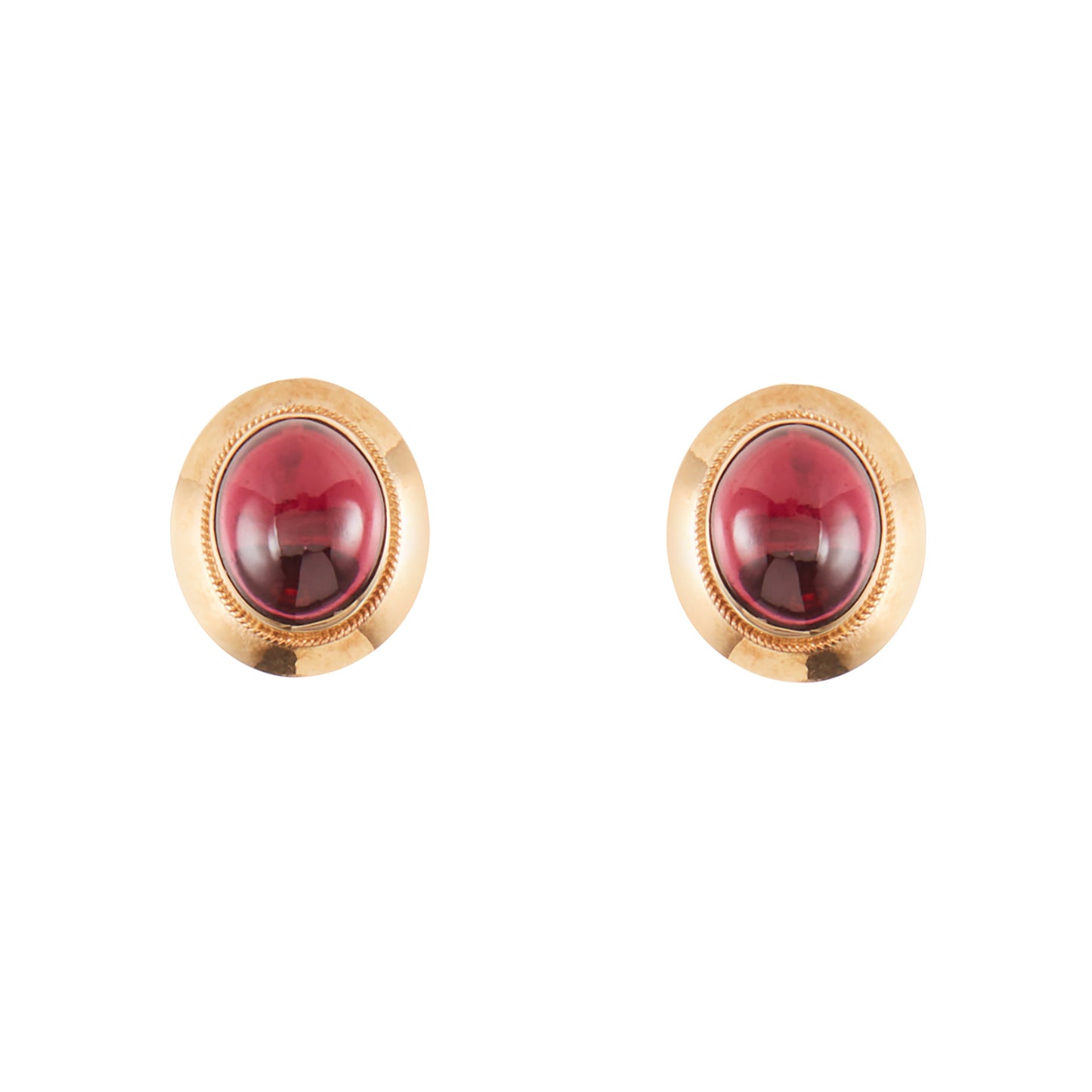 Classic pair of 9ct gold stud earrings, each set with a lovely deep red cabochon garnet.