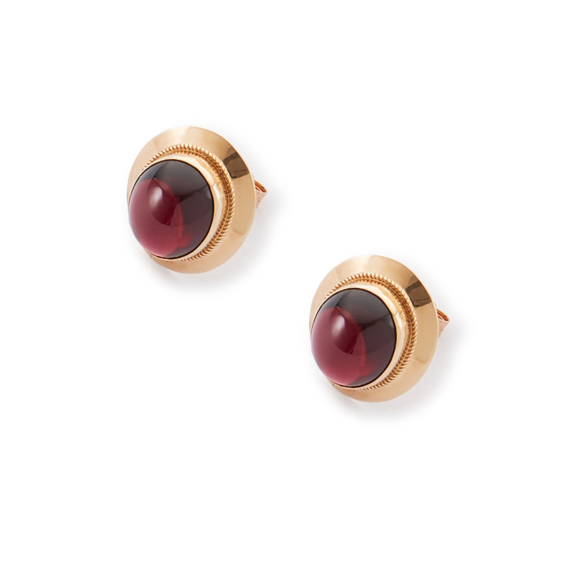 Classic pair of 9ct gold stud earrings, each set with a lovely deep red cabochon garnet.