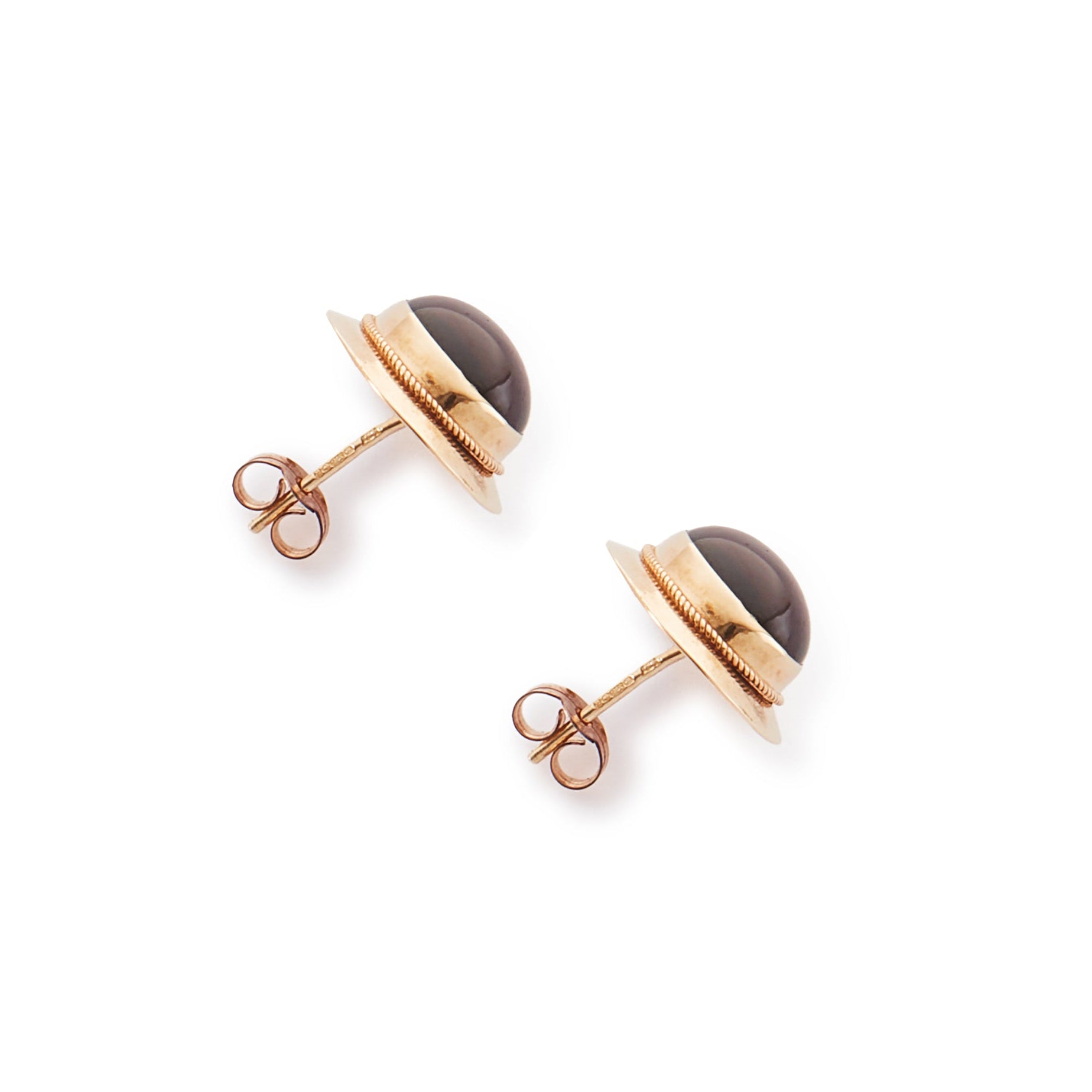 Classic pair of 9ct gold stud earrings, each set with a lovely deep red cabochon garnet.
