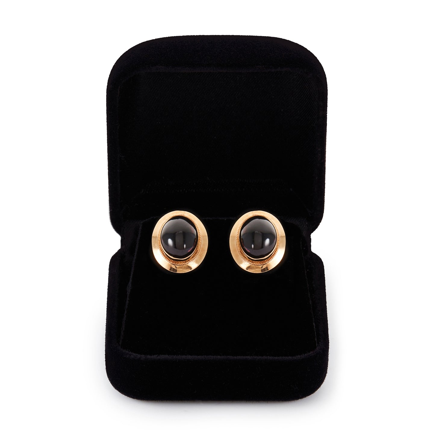Classic pair of 9ct gold stud earrings, each set with a lovely deep red cabochon garnet.
