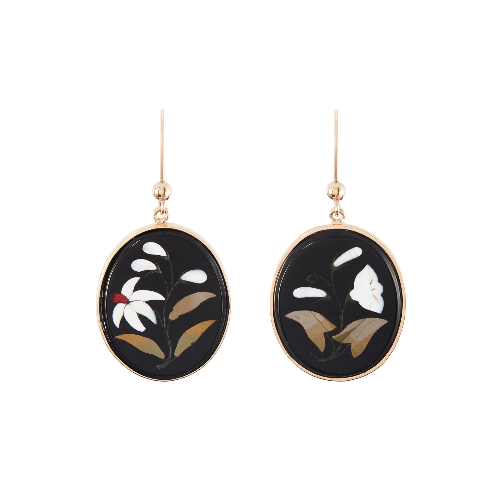 Gorgeous 9ct yellow gold earrings set with beautiful natural stone Pietra Dura inlay depicting wild flowers.