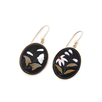 Gorgeous 9ct yellow gold earrings set with beautiful natural stone Pietra Dura inlay depicting wild flowers.