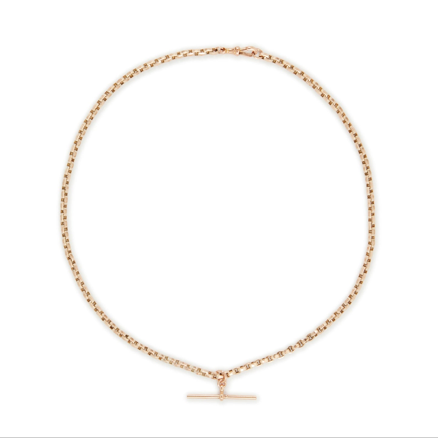 Classic 9ct rose gold box link fob chain with a T-bar and a dog clip.