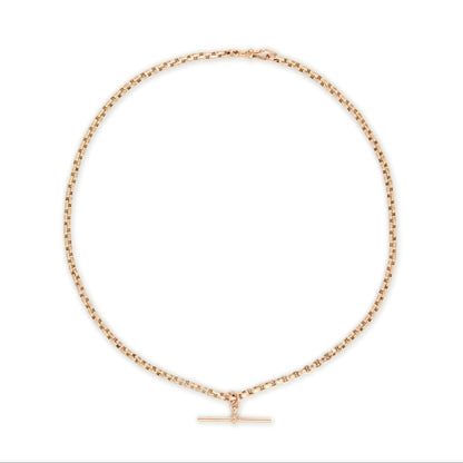 Classic 9ct rose gold box link fob chain with a T-bar and a dog clip.