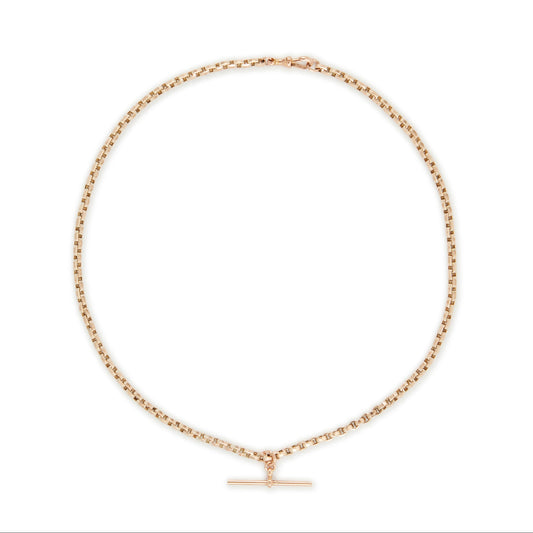 Classic 9ct rose gold box link fob chain with a T-bar and a dog clip.