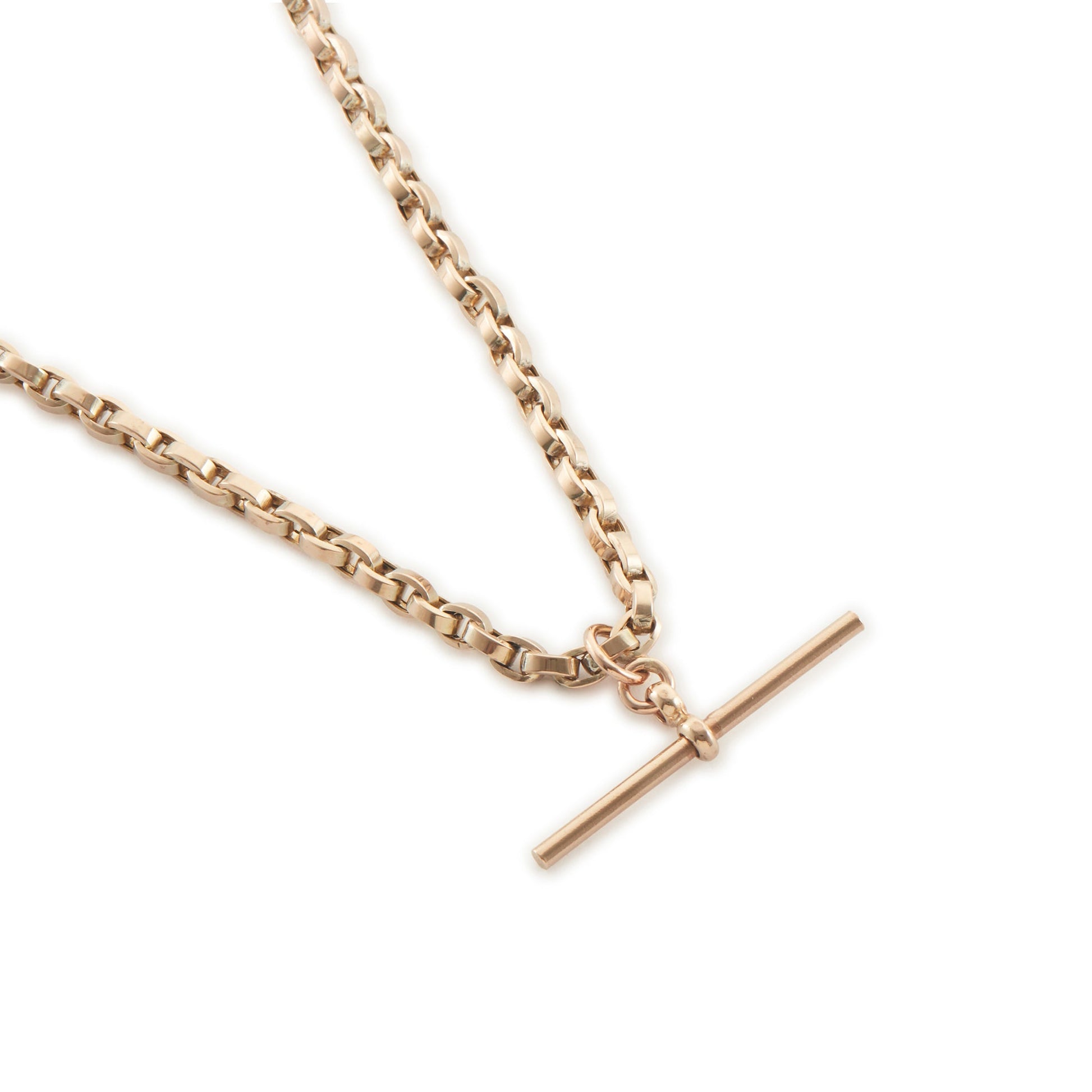 Classic 9ct rose gold box link fob chain with a T-bar and a dog clip.