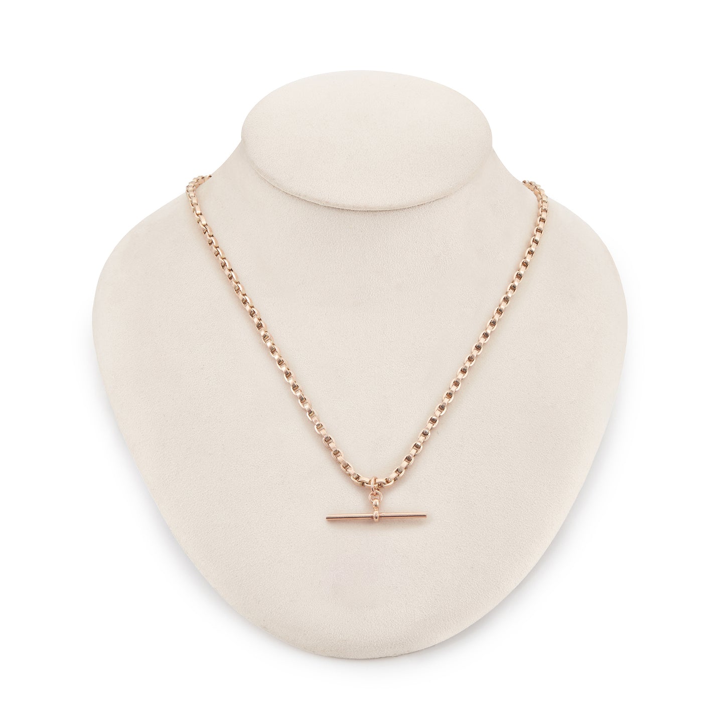 Classic 9ct rose gold box link fob chain with a T-bar and a dog clip.