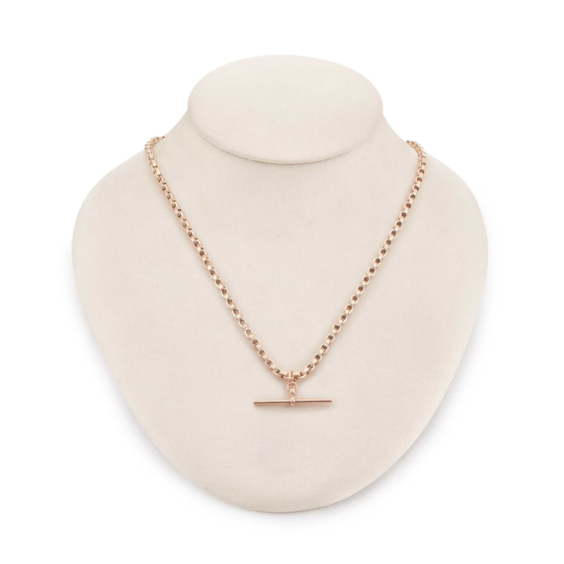 Classic 9ct rose gold box link fob chain with a T-bar and a dog clip.