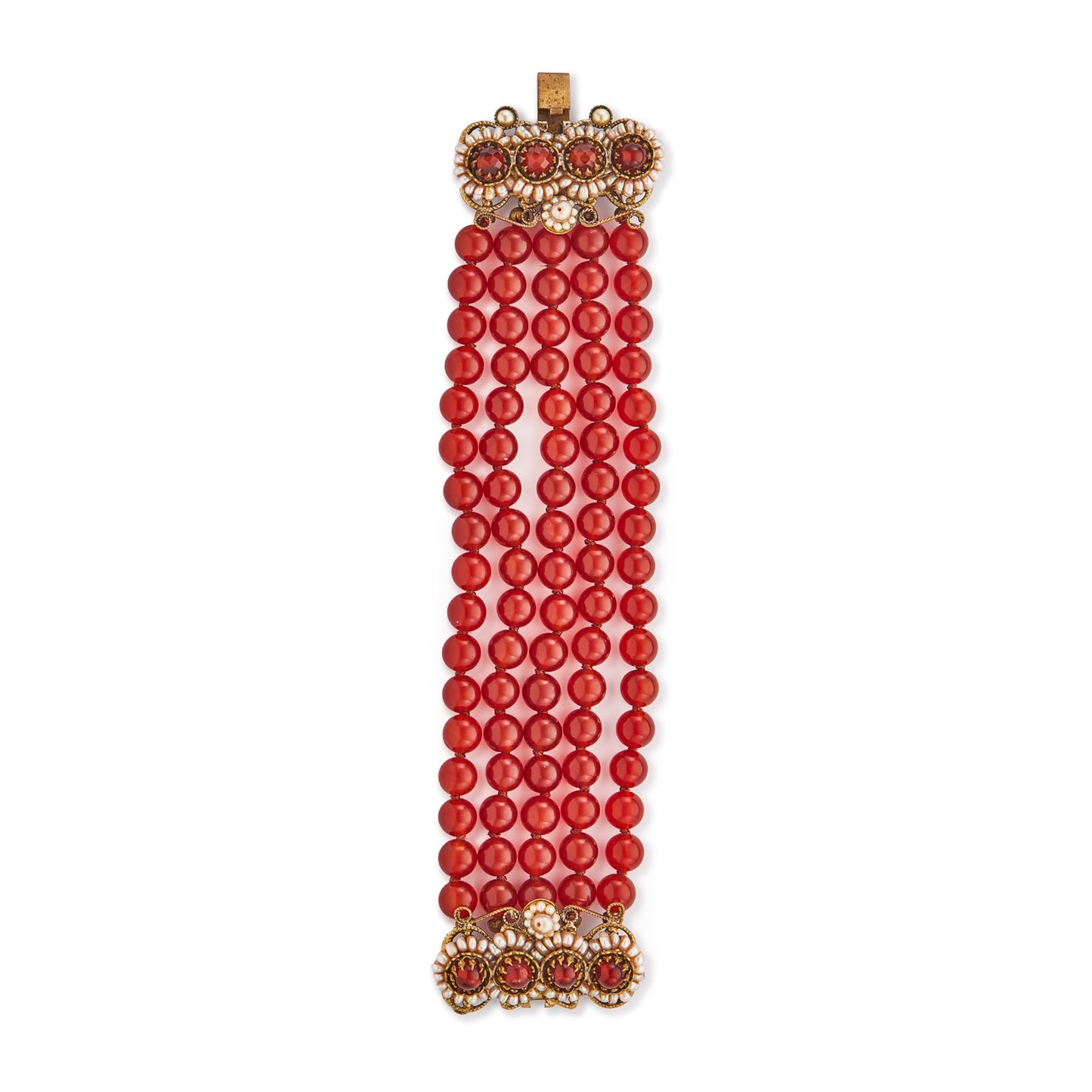 Spectacular antique carnelian five-strand bracelet with a very ornate brass, carnelian and seed pearl clasp. A real statement piece!