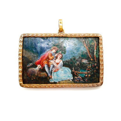 Beautiful enamelled pastoral scene in a gold plated setting.