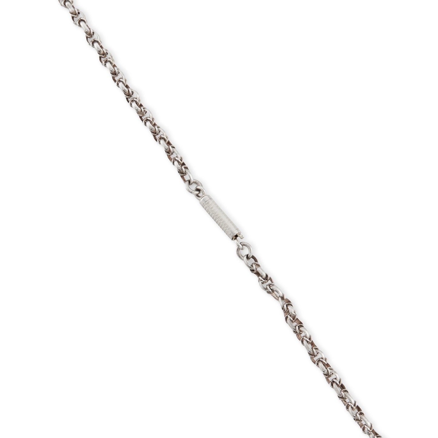 Stunning antique silver rosary with a cross and three dangling saint discs. The cross hangs on a 102cm oxidised silver ornate link chain, interspersed with natural red-brown stones and six silver bobbles.