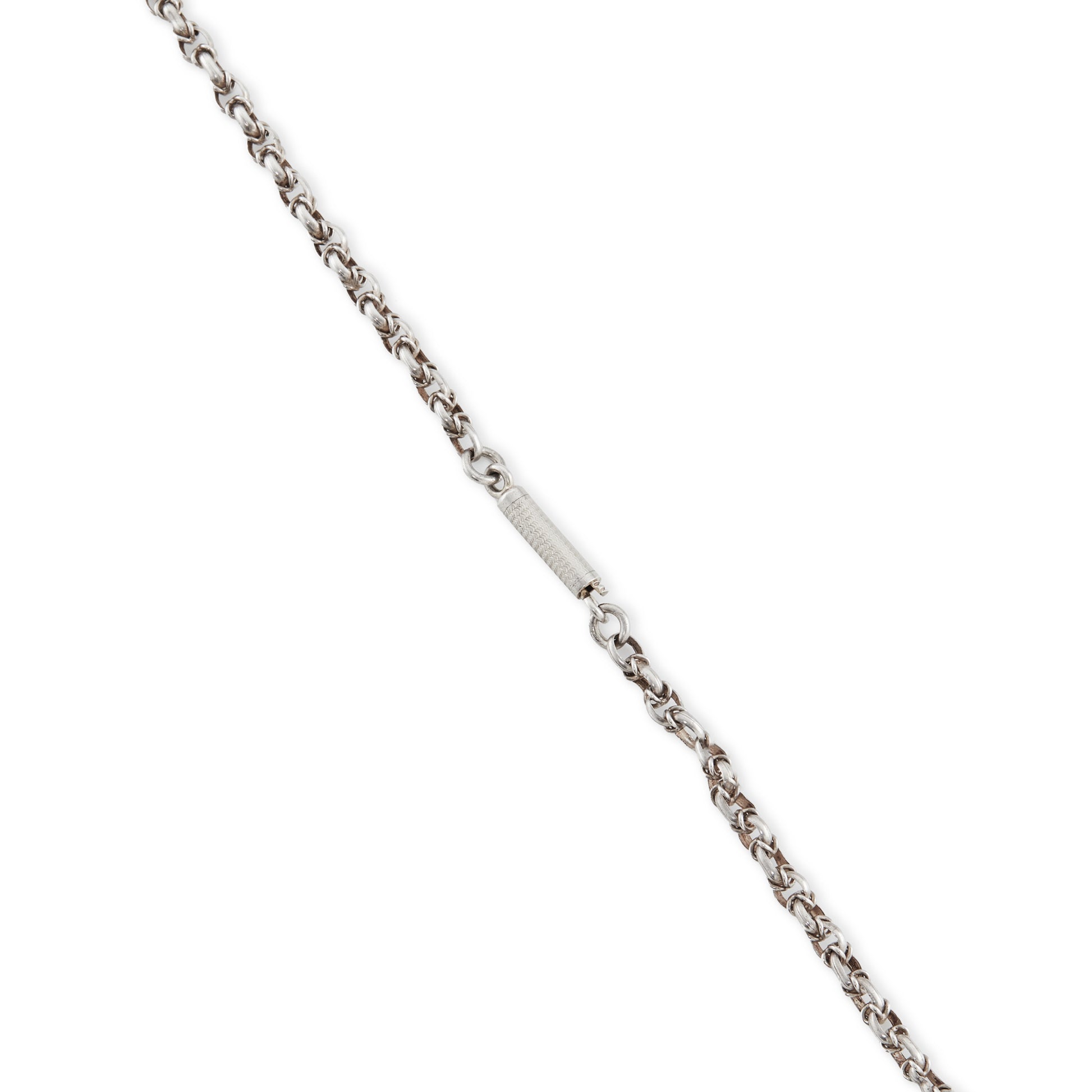 Stunning antique silver rosary with a cross and three dangling saint discs. The cross hangs on a 102cm oxidised silver ornate link chain, interspersed with natural red-brown stones and six silver bobbles.