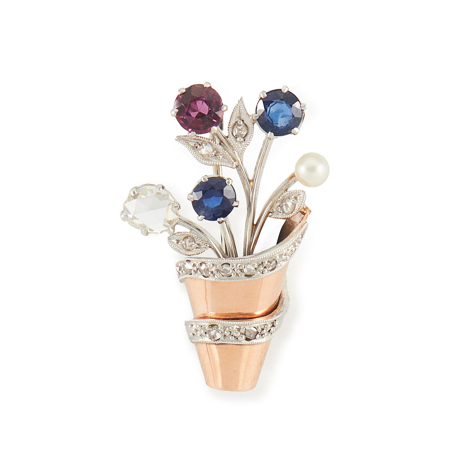 Exquisite 1920s platinum and rose gold brooch set with a deep-red ruby, two sapphires, a natural rose-cut diamond and a pearl. The brooch is also encrusted with eleven small, mine cut diamonds.