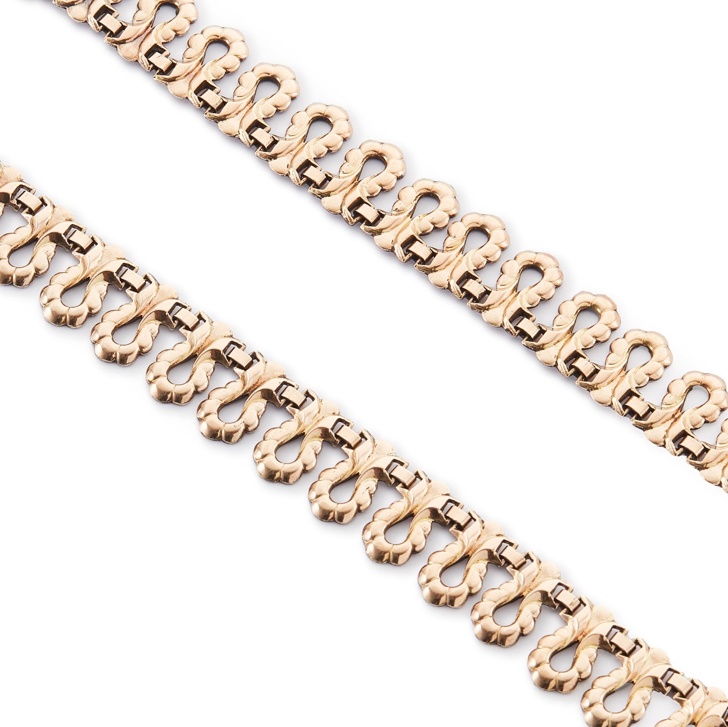 Gorgeous antique repoussé necklace with a generous rose gold layer on a silver backing.