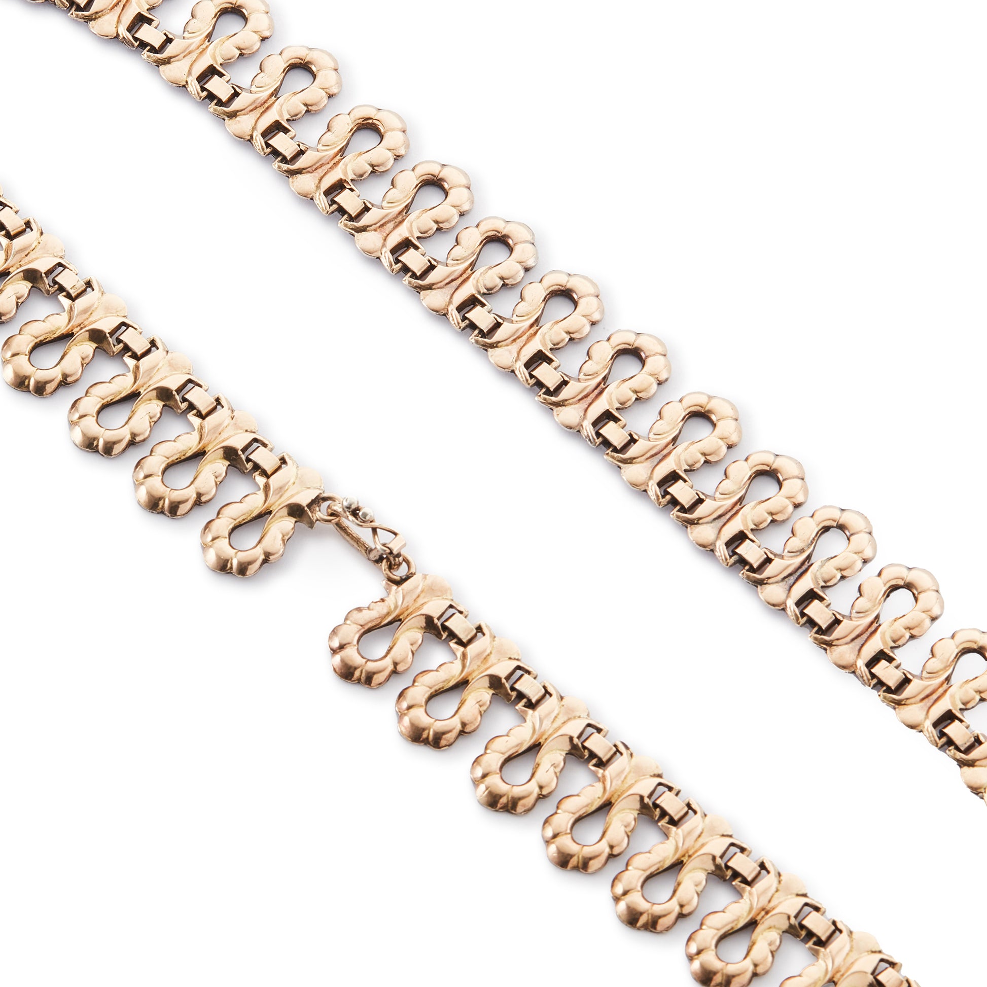 Gorgeous antique repoussé necklace with a generous rose gold layer on a silver backing.