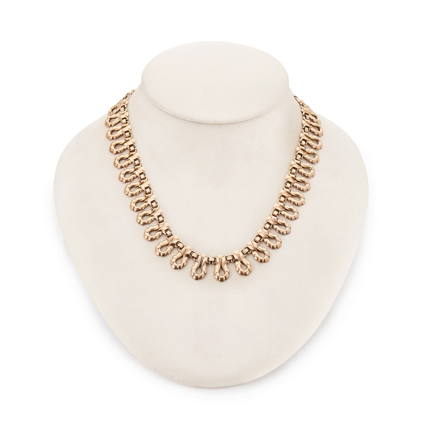 Gorgeous antique repoussé necklace with a generous rose gold layer on a silver backing.