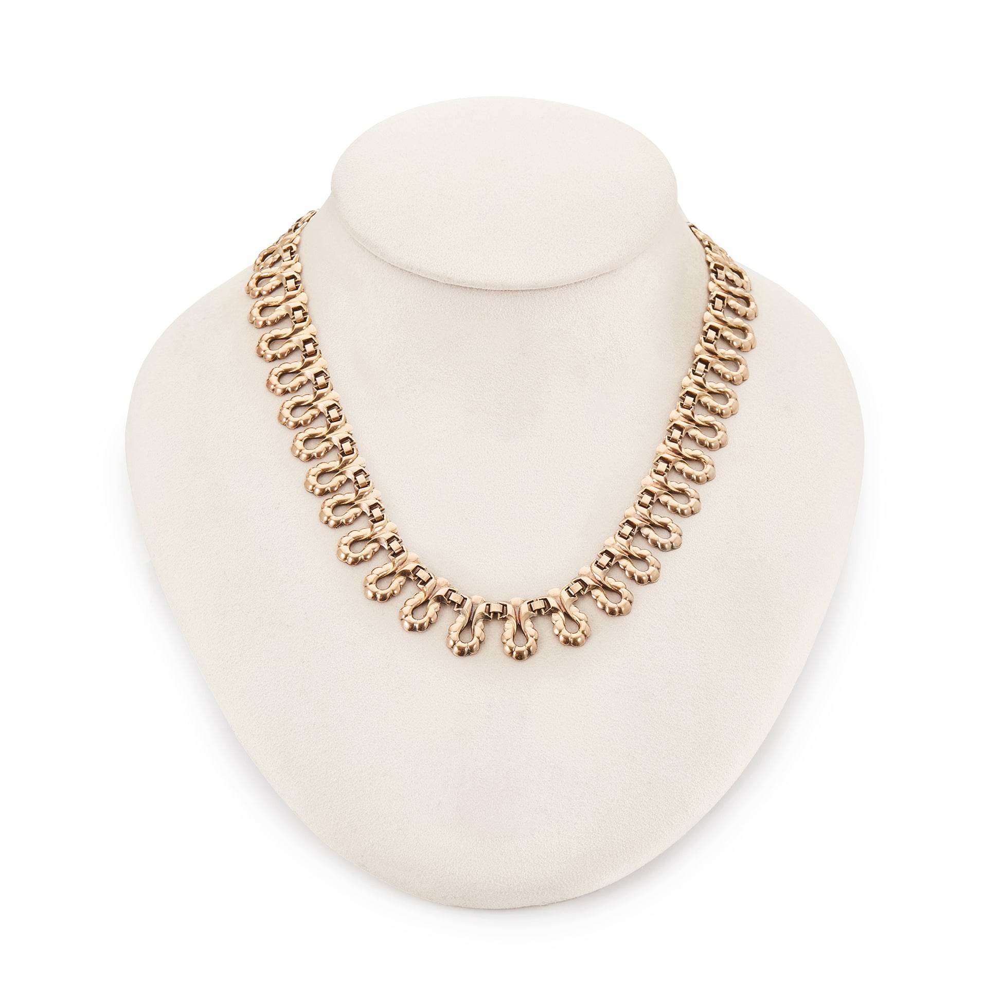 Gorgeous antique repoussé necklace with a generous rose gold layer on a silver backing.