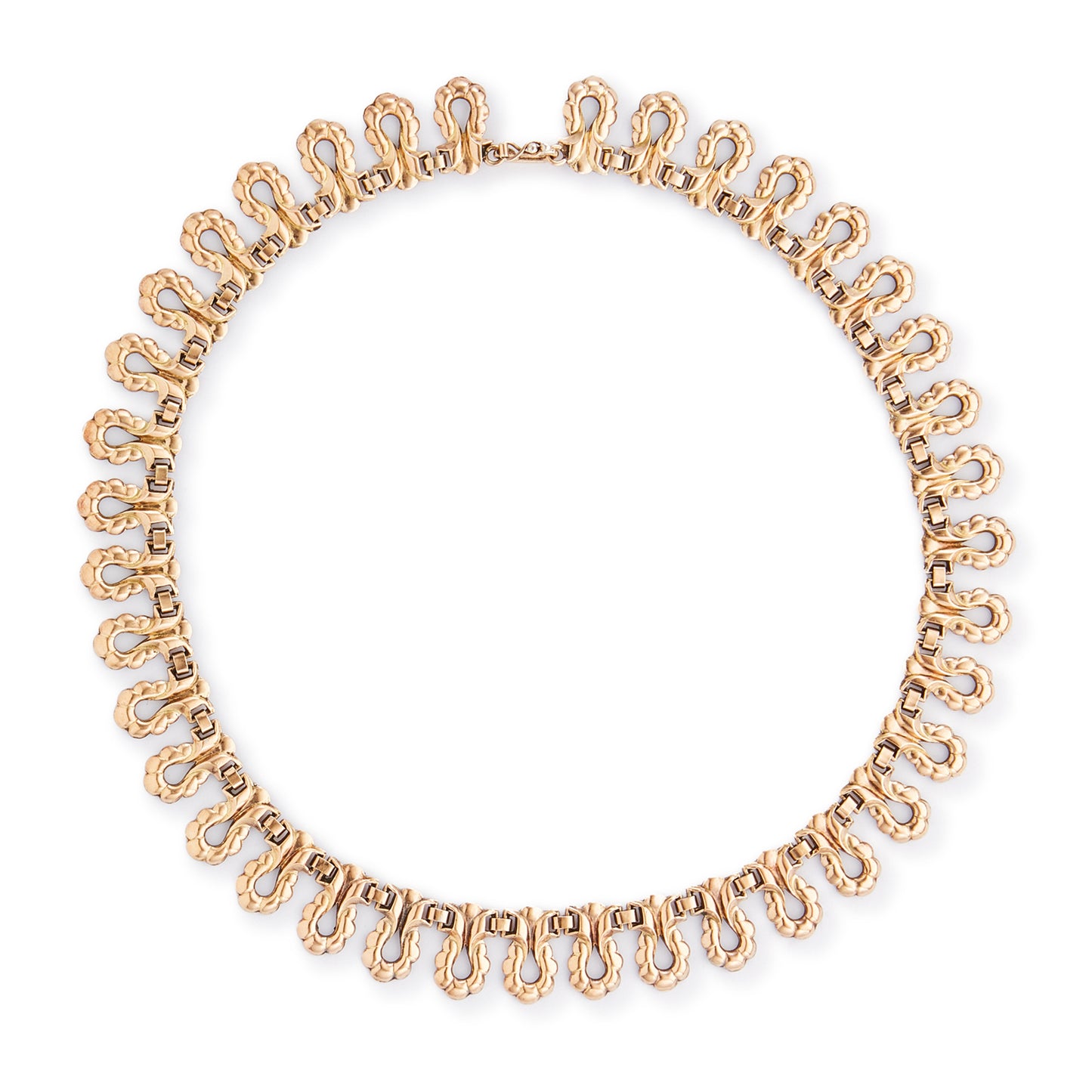 Gorgeous antique repoussé necklace with a generous rose gold layer on a silver backing.