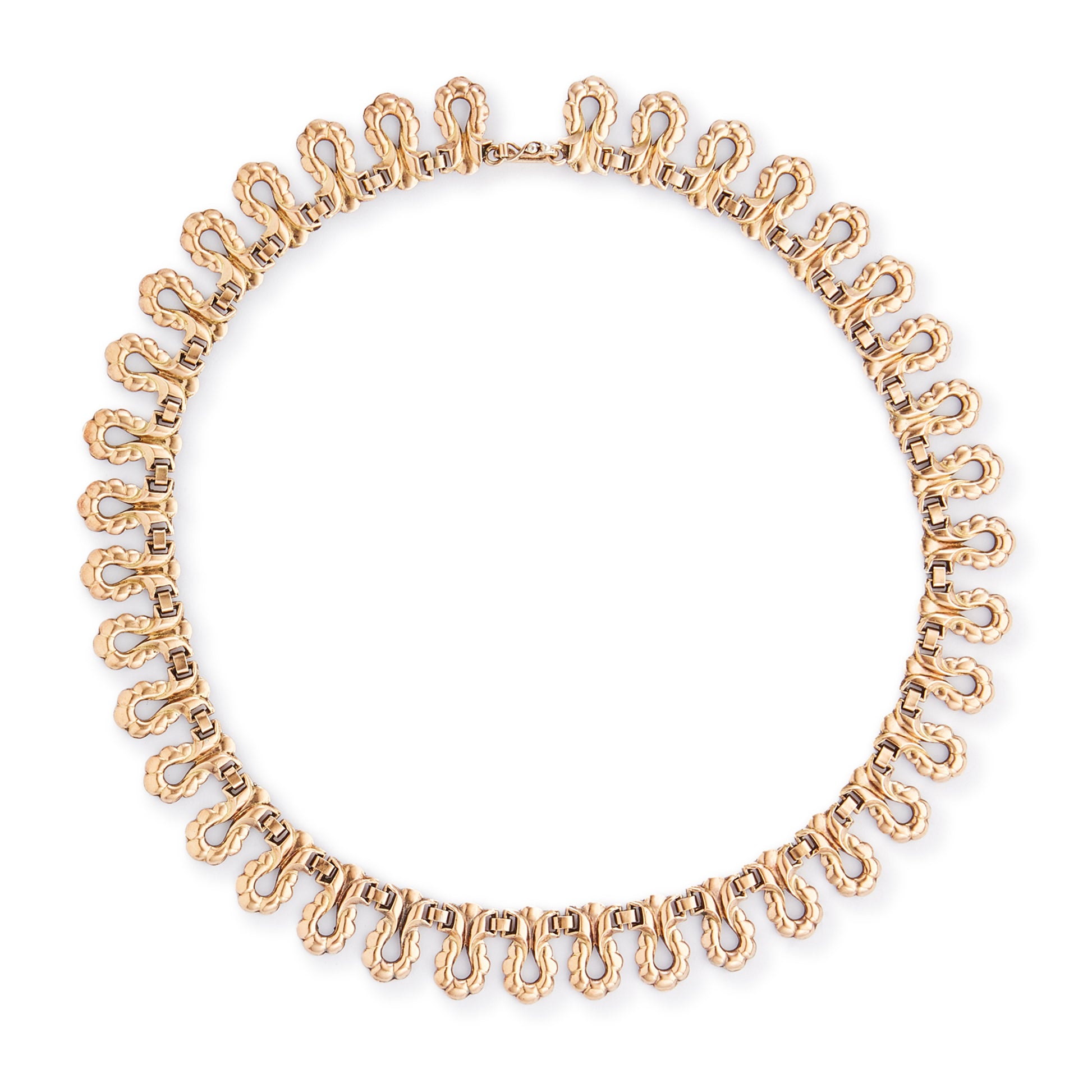 Gorgeous antique repoussé necklace with a generous rose gold layer on a silver backing.