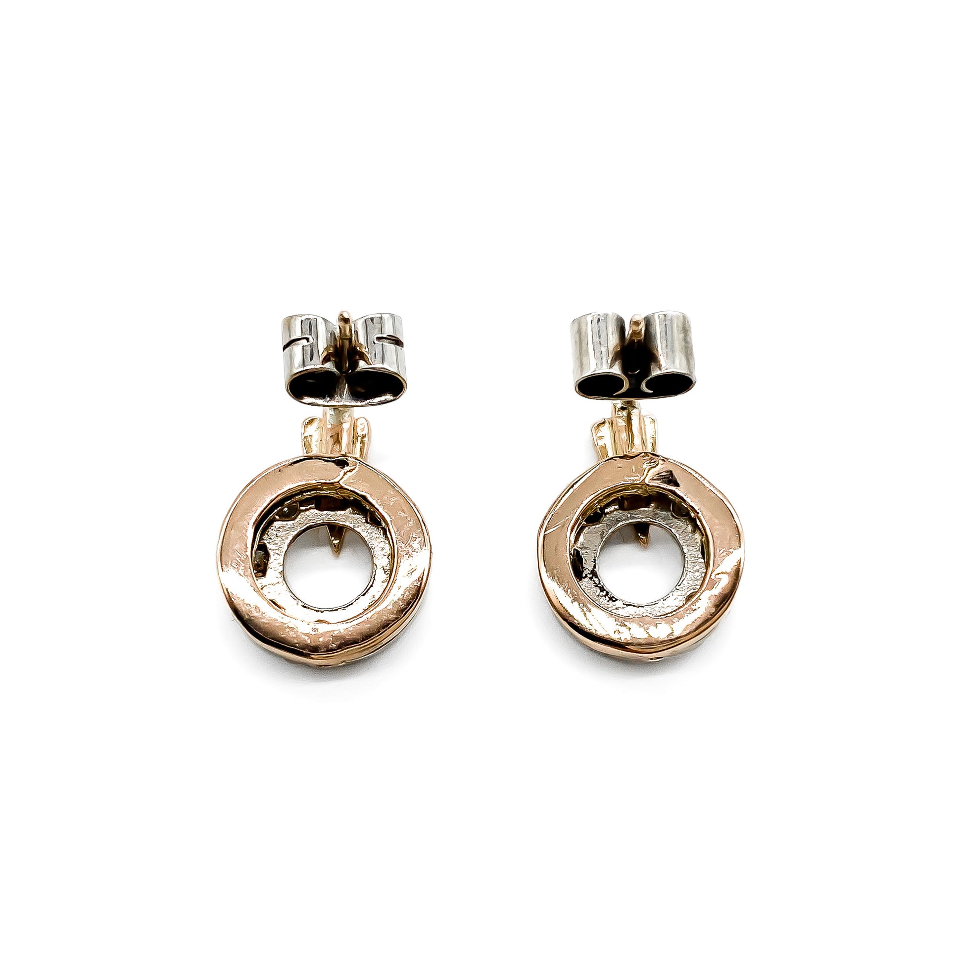 Stylish Art Deco 15ct rose and white gold drop earrings with sparkling pavé set diamonds. 